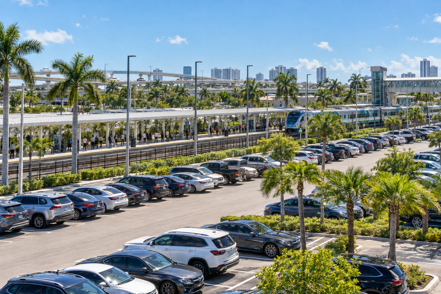 Golden Glades Tri-Rail station platform with large park-and-ride lot and Miami-Dade buses nearby