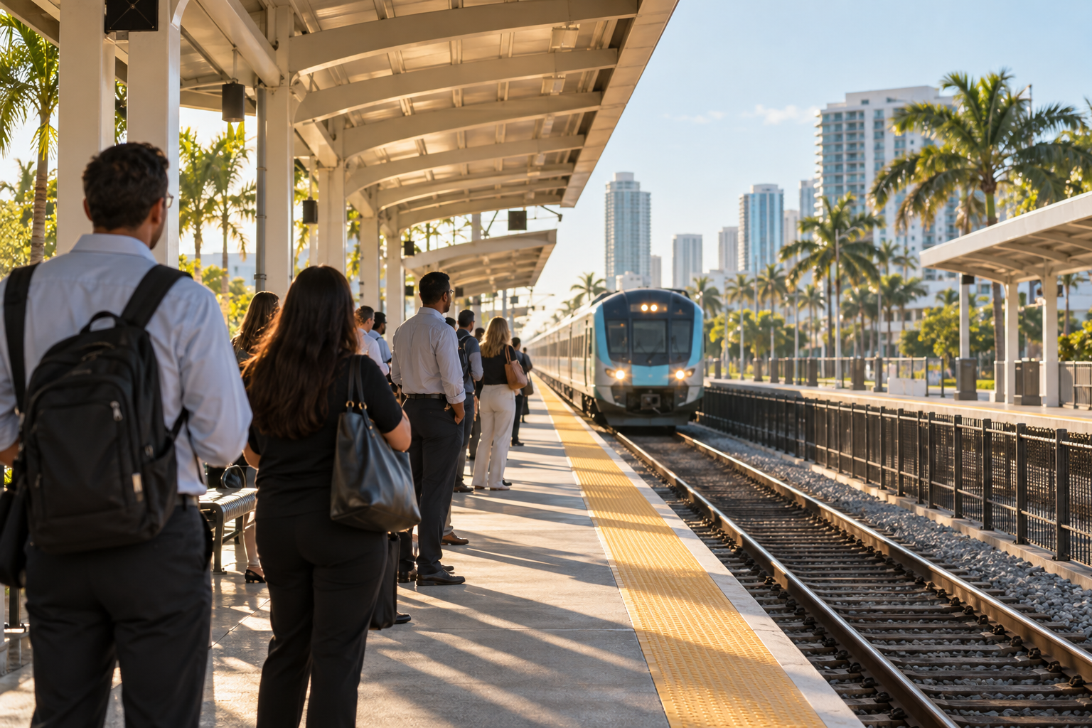 Fort Lauderdale Tri-Rail station platform with covered canopy and commuters waiting during morning rush hour