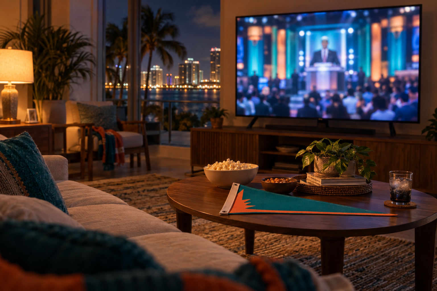 A virtual NFL draft watch party setup during the 2020 pandemic, with a muted television and scattered team merchandise