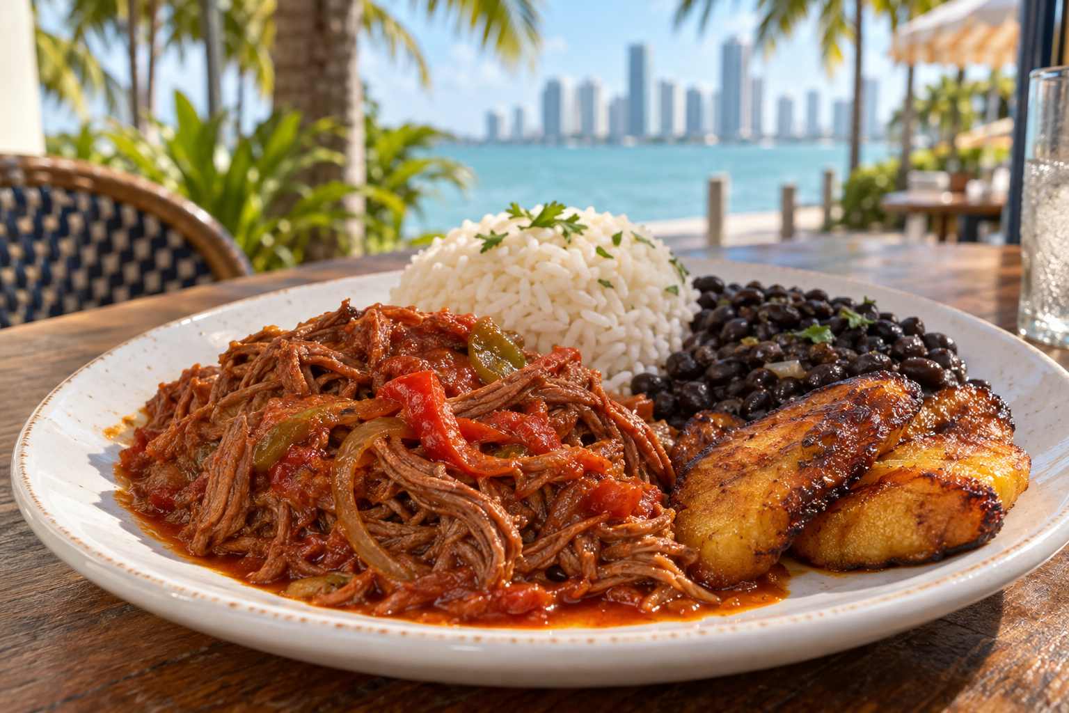 Classic Cuban meal of ropa vieja, black beans, white rice and sweet plantains on a plate