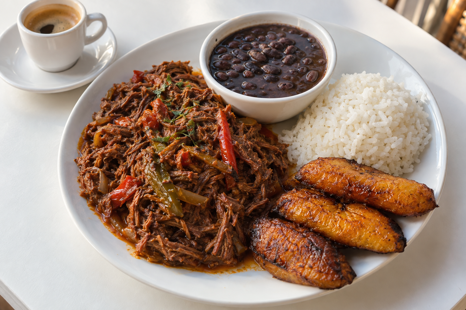 Classic Cuban dishes including ropa vieja, black beans, rice, and sweet plantains on a restaurant table