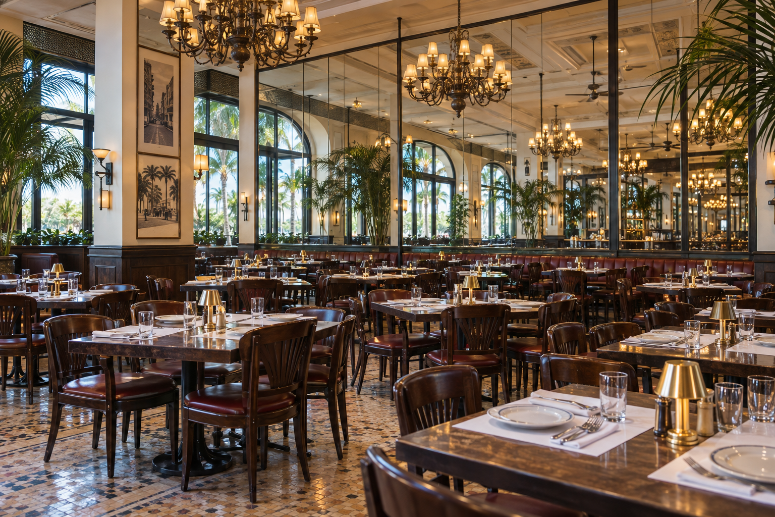 Mirrored interior dining room of Versailles Restaurant in Miami with chandeliers and banquet tables