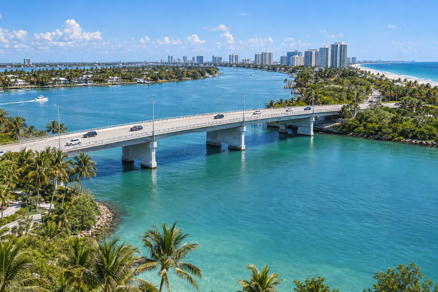 Flagler Memorial Bridge connecting West Palm Beach mainland to the Palm Beach barrier island over the Lake Worth Lagoon