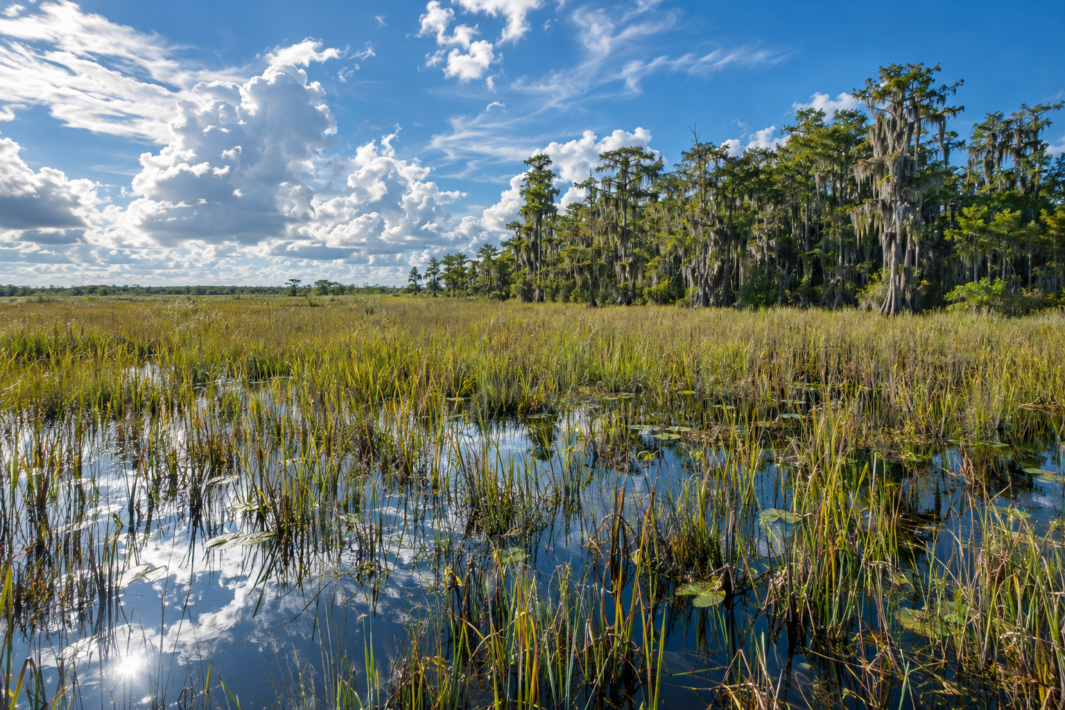 Vast sawgrass marsh and cypress stands of the Big Cypress Swamp where Seminole resisters hid during the Seminole Wars
